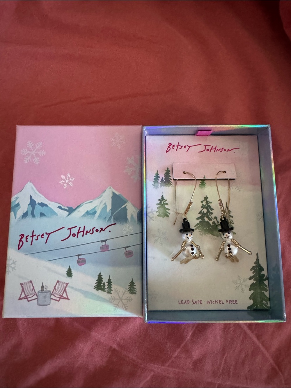 NEW NWT! Betsey Johnson Snowman Snowmen with Skis Earrings for Christmas Holiday - Picture 2 of 5